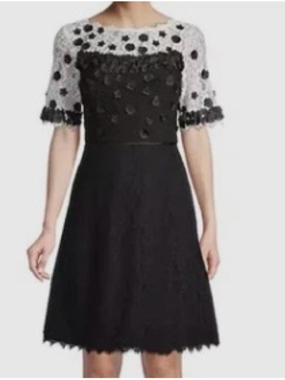 SHANI Black/White lace appliquéd dress with delicate flowers.